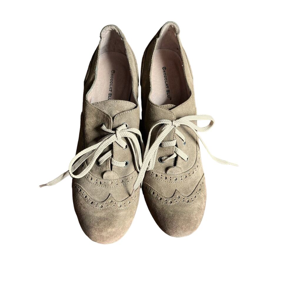 Chocolat Blu Denise Tan Suede Heeled Oxfords 10 Comfort Brogue Dark Academia - Picture 2 of 8
